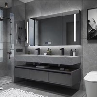 Meuble-lavabo mural de luxe gris foncé à double vasque et double étagère avec miroir LED en pierre pleine dalle pour projets hôteliers et villas
