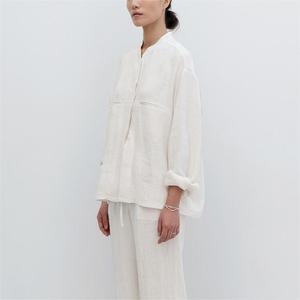 Custom Wholesale Casual Loose Solid Stand Collar Long Sleeve Buttons Pockets Tops White 100% Pure <strong>Linen</strong> Shirts <strong>Blouses</strong> <strong>for</strong> <strong>Women</strong> - Product Image 6