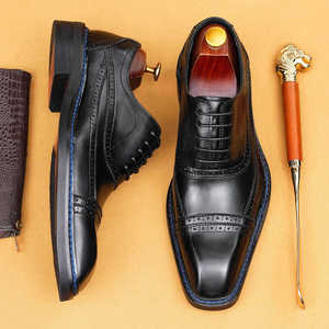 รองเท้าหนังแบบ Brogue สำหรับผู้ชาย หัวเหลี่ยม แบบผูกเชือก หนังแท้ พื้นยาง เหมาะสำหรับใส่ทำงาน ใส่ได้ทุกฤดู - Product Image 1