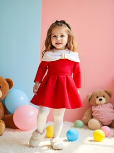 ชุดเดรสเด็ก สีแดง แขนยาว เปิดไหล่ ความยาวระดับเข่า ชุดเดรสสำหรับงานปาร์ตี้ หมวกผูกโบว์ แขนยาว กระโปรงเด็กผู้หญิงทรงเจ้าหญิงจับจีบ - Product Image 6