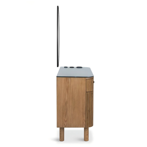 Station de coiffure de luxe sur mesure avec miroir double face arqué ovale incurvé et éclairage LED, avec table intégrée - Product Image 5