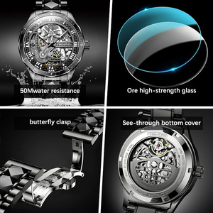 Feelnever Luxury <b>Skeleton</b> <b>Watch</b> Men <b>Automatic</b> Mechanical Stainless Steel Strap Black Sport Waterproof 30Bar 12mm Case Thickness - Product Image 2