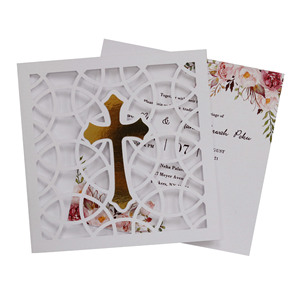 Carte d'invitation blanche laser 3D avec croix dorée, style européen et américain, pour baptême, en stock usine - Product Image 1