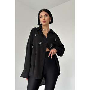 Camisa Negra Asimétrica con Botones para Mujer, Blusa Casual de Popelina para Uso Diario - Product Image 2