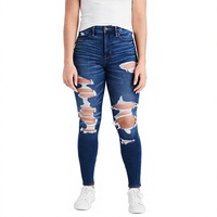 Jean déchiré décontracté en denim bleu grande taille de qualité supérieure, coupe skinny longue et ajustée, extensible avec fermeture éclair, pour femme, exporté du Bangladesh