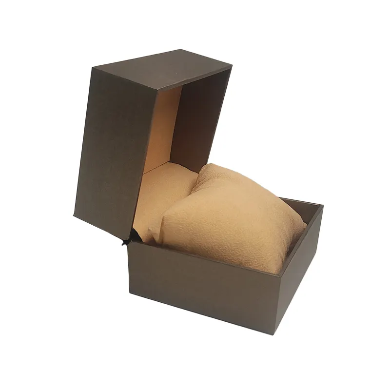 Kotak Hadiah Jam Tangan Mewah Warna Coklat Kustom Kemasan Kotak Dasar Engsel Tutup Kertas dengan Sisipan dan Bantal Kecil untuk Jam Tangan dan Perhiasan