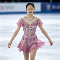 Robe de patinage artistique rose poudré à manches volantées, col en maille, nœud au dos, strass appliqués pour la compétition et la performance