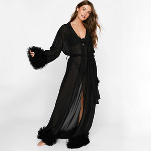 Chemise de nuit pour femme RUIYI 2024 en maille noire, luxueuse, à manches longues, en <span class=keywords><strong>mousseline</strong></span> de soie, élégante, respirante, pour l'été et le printemps - Product Image 1