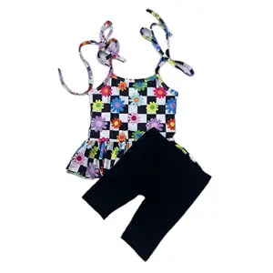 LZ2023 flower on black checked Summer New Girls' Clothing Sets Kids Bay Clothes Baby Girl Clothes