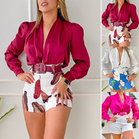 _ Kadın baskılı takım elbise Set seksi V boyun 3-piece Set kemer uzun kollu zarif ince pantolon Lady kıyafetler ofis giysileri
