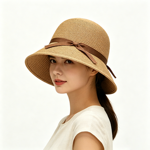 Unisex Plain <b>Straw</b> Floppy Bucket <b>Hat</b> with Bow UV Protection Foldable Wide Brim Sun <b>Hat</b> for Summer Beach Travel - Product Image 1
