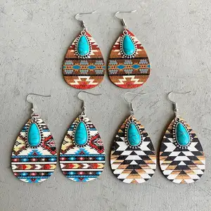 Boucles d'oreilles en bois Turquoise pour femmes, motif Aztec, nouvelles boucles d'oreilles d'inspiration occidentale, bijoux Boho, vente en gros