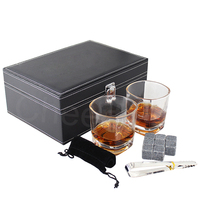 Schöne PU-Leder box verpackt Whisky Chilling Ice Cube Rack Steine mit Brille Geschenkset und Whisky Cooling Granite Stone Set