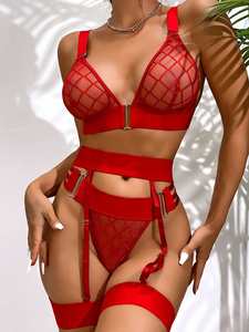 European American Sexy Women's Hollow Patchwork Fishnet Three-Point Polyester <b>Lingerie</b> Set - Product Image 6