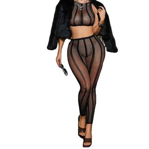 Yeni Kadın File Şeffaf Balık Ağı Poliamid İç Giyim 2 Parça Set Siyah Kadınlar Seksi Oyuklu Bodystocking - Product Image 1