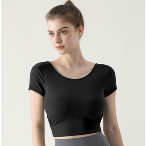 Wholesale Women Ribbed Cross Twist Back Yoga Crop Tops Stretch Short Sleeve Athletic T Shirts Built in <b>Bra</b> Pilates Activewear - Product Image 2