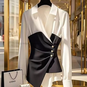 Black and White Contrasting Color <b>Shirt</b>, High-end Women's Clothing, Slanted Button Pleated Top Fashion - Product Image 3