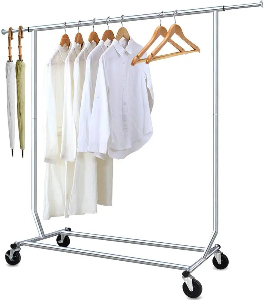 Heavy duty roupas expansível rack ajustável rolamento vestuário rack com rodas