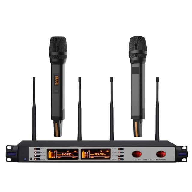 Professional Dual Channel UHF Wireless Microphone System 640-690MHz Long Range Digital Stage Karaoke Conference Microphone