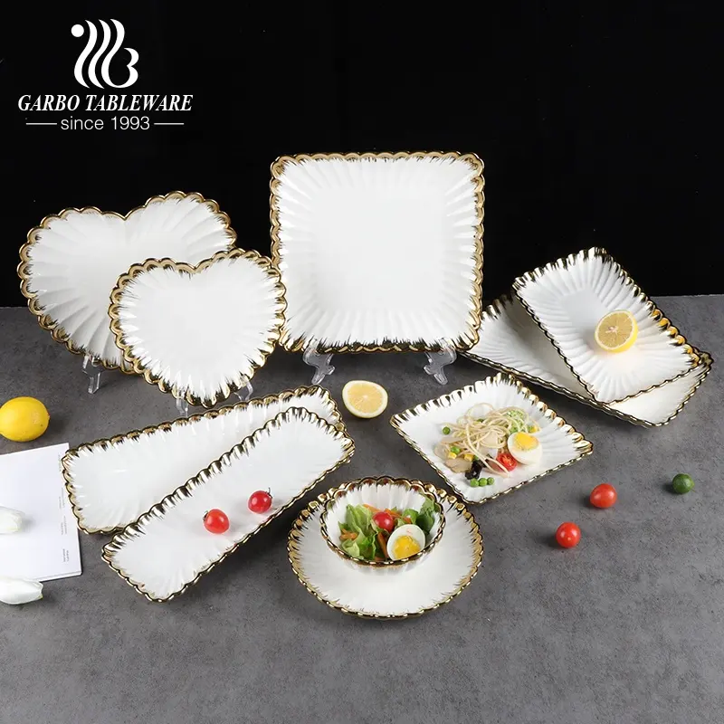 Gold rim Fine white porcelain dinner set ceramic tableware set with heart shape home gift porcelain dinner plates and bowls set