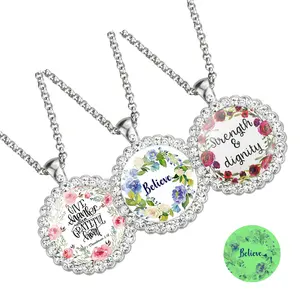 Bible Necklace Rhinestone Flower Verse Pendant Christian Gift Ladies Girl Silvery Luminous Jewelry