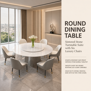 Set Tavolo da Pranzo di Lusso Moderno con Piano in Pietra Sinterizzata e Base in Metallo, Tavolo Rotondo per Soggiorno, Hotel, Appartamento - Product Image 3