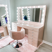 Coiffeuse noire OEM avec plateau en verre transparent, miroir à LED, boutons en cristal et design personnalisé – Ensemble de maquillage