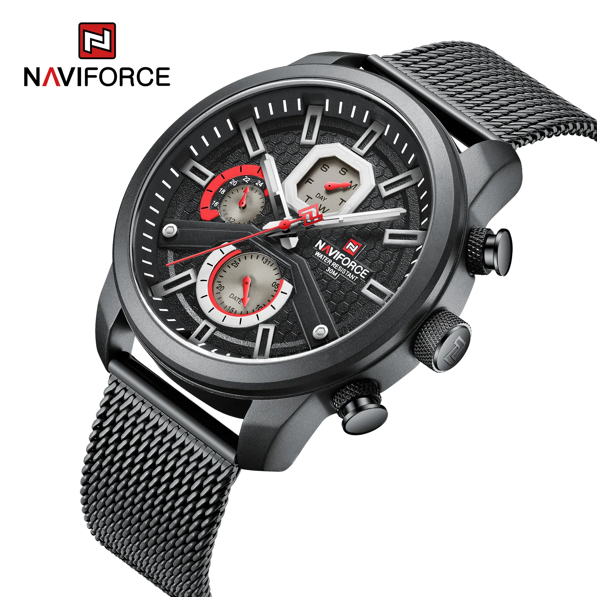NAVIFORCE NF9211s unique black mens quartz watch latest Mesh Strap big dial Chronograph compass new style sports hand watch