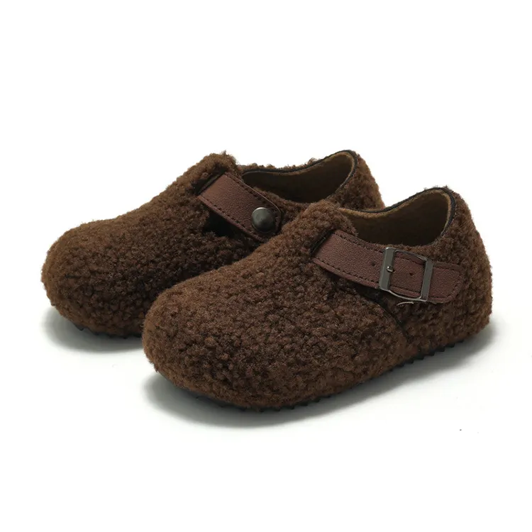 Nova Chegada Inverno Fofo Faux Shearling Fur Mules Cork Sandália Menino Crianças Casa de Pelúcia Chinelos Sapatos para Meninas