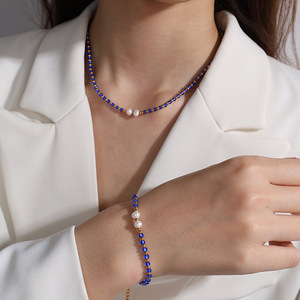 <b>Beaded</b> Necklace <b>Set</b> With Blue Crystals And Pearls For Women Fashion Jewelry Gift Unisex Stainless Steel Chain 2025 New Arrival - Product Image 4