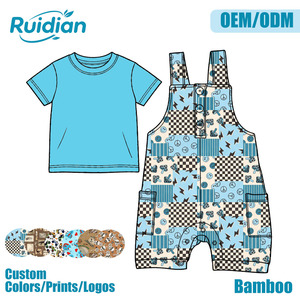 Conjunto de Ropa para Niños Pequeños, Camiseta de Bambú con Estampado y Pantalones con <span class=keywords><strong>Tirantes</strong></span> y Bolsillos, Botones a Presión en la Entrepierna, Conjunto de 2 Piezas para Niños Pequeños - Product Image 1