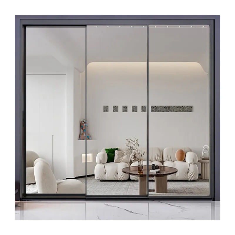 Living room narrow slim three tracks aluminum frame double tempered glass door