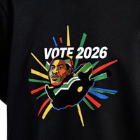 Camiseta de poliéster para las elecciones de Sudáfrica 2026 con estampado de rostro votando, mapa colorido y líneas radiantes, camiseta negra de alto rendimiento