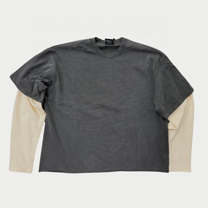 Sérigraphie personnalisée T-Shirt Vintage Coton Déchiré Double Couche À Manches Longues Gaufrées Top Distressed Stone Lavage À L'acide T-shirt pour Hommes - Product Image 6