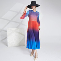 Robe plissée ceinture ample taille femmes européennes et américaines mode Style décontracté femmes dégradé rouge bleu couleur robe imprimée
