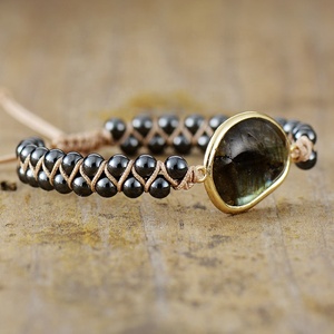 Bracelet en perles noires double couche tissé à la main vintage Bracelet en pierre Briolette colorée pour femmes bijoux cadeau - Product Image 4