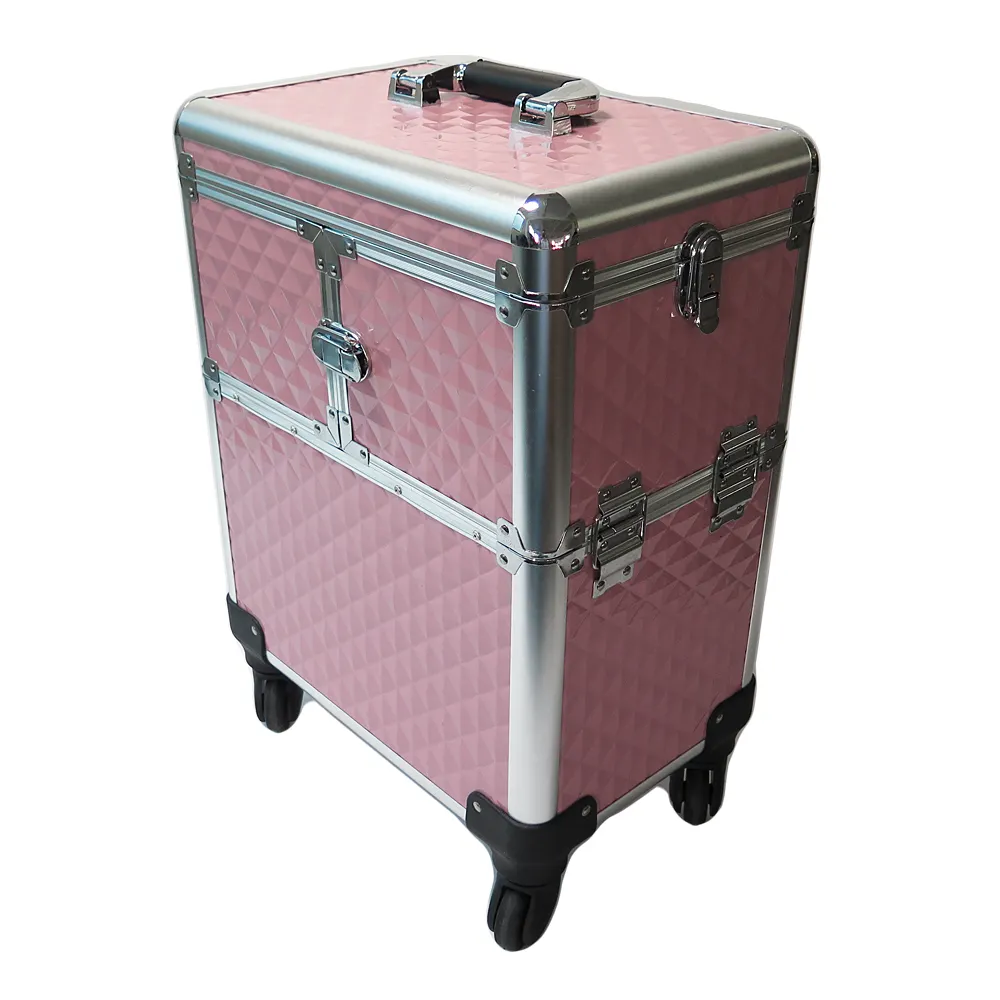 OEM di alluminio di bellezza rosa vuoto compatto treno di rotolamento trolley professionale ruote cosmetici make up scatole dell'organizzatore di caso di trucco