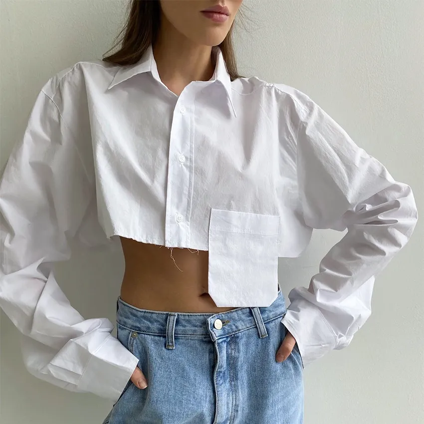 2024 Korean Fashion Women's Clothing Collar Button Up Ladies Blouses Long Sleeve White Cropped Shirt Crop Tops Shirts For Women