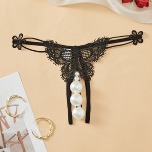 Sexy Women's Lace <b>Butterfly</b> <b>Thong</b> With Pearl Beads Invisible Breathable Intimates Accessory For Nightclubs - Product Image 2