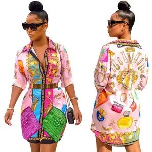 2022 Luxury Women Long Sleeve Multicolor Printed Button Oversized Shirt Dresses
