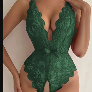 Body de encaje sexy para mujer, cuello en V profundo, espalda descubierta, elástico, azul, talla M105 - Product Image 4