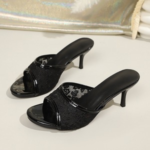 Women Lace Stiletto <b>Heel</b> Mules Peep Toe Slip On Sandals Elegant Mesh Floral Slippers For Daily Party Wear - Product Image 3