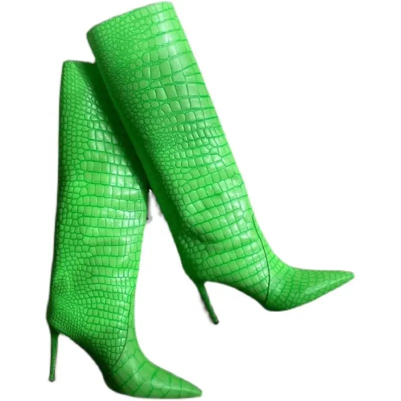 Fashion Show Thigh High Boots Pointed Toe Sexy Crocodile Leather Thin Heels Boots Women Shoes