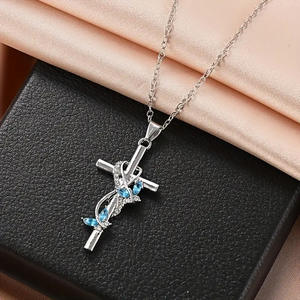 Collier pendentif croix à la mode avec strass en cristal bleu pour femmes, cadeau 2024 - Product Image 4