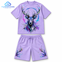 Ensemble streetwear deux pièces personnalisé unisexe en mélange de coton avec t-shirt imprimé numériquement motif cerf holographique et short à cordon de serrage