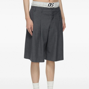 Custom Clothing Manufacturer Double Waist Design Double-pleated Suit Trouser Grey <strong>Tailored</strong> <strong>Shorts</strong> for <strong>Men</strong> - Product Image 4