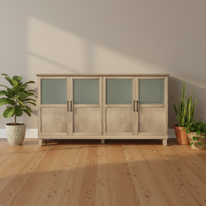 Buffet moderne en métal et bois avec 4 portes vitrées, étagère réglable, grande capacité pour salon, hôtel, villa, appartement, usage domestique - Product Image 2
