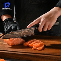Pisau Santoku Super Tajam 7 Inci dari Baja Damascus Tembaga Jepang Vg-10 dengan Gagang Resin