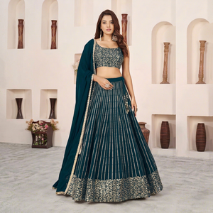 Blue <b>Sequin</b> Chiffon Striped Short Sleeve Lehenga Choli Set Embroidered Banarasi Style Full Women Outfit Dupatta Wedding Party - Product Image 1