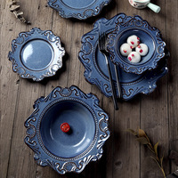 Service d'assiettes à soupe en céramique de style palais baroque européen, assiettes de dîner gaufrées pour la cuisine occidentale et les réceptions